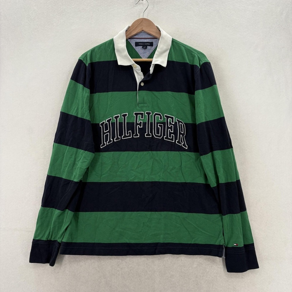 Tommy Hilfiger Rugby Polo Shirt Mens Large Green Stripe Long Sleeve Preppy Y2K